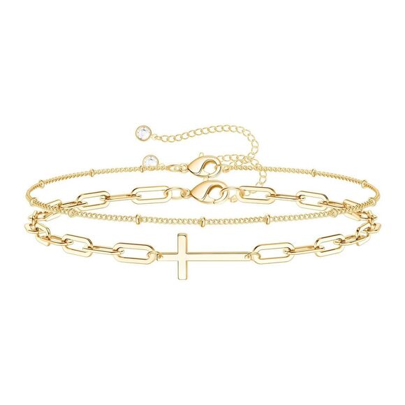 18K Gold Plated Stainless Steel Multi Strand Cross Bracelet Women's Spiritual - Picture 1 of 9